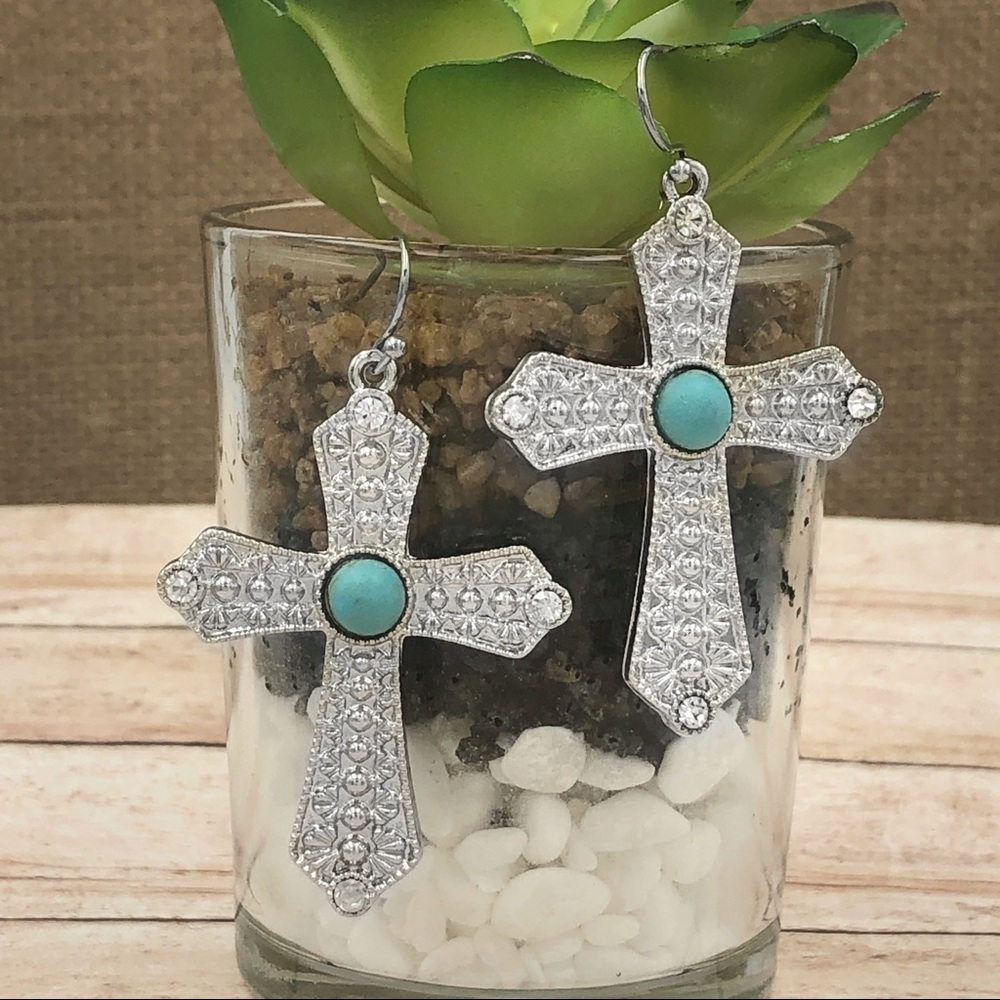 🌼 Turquoise Dot Cross Dangle Earrings